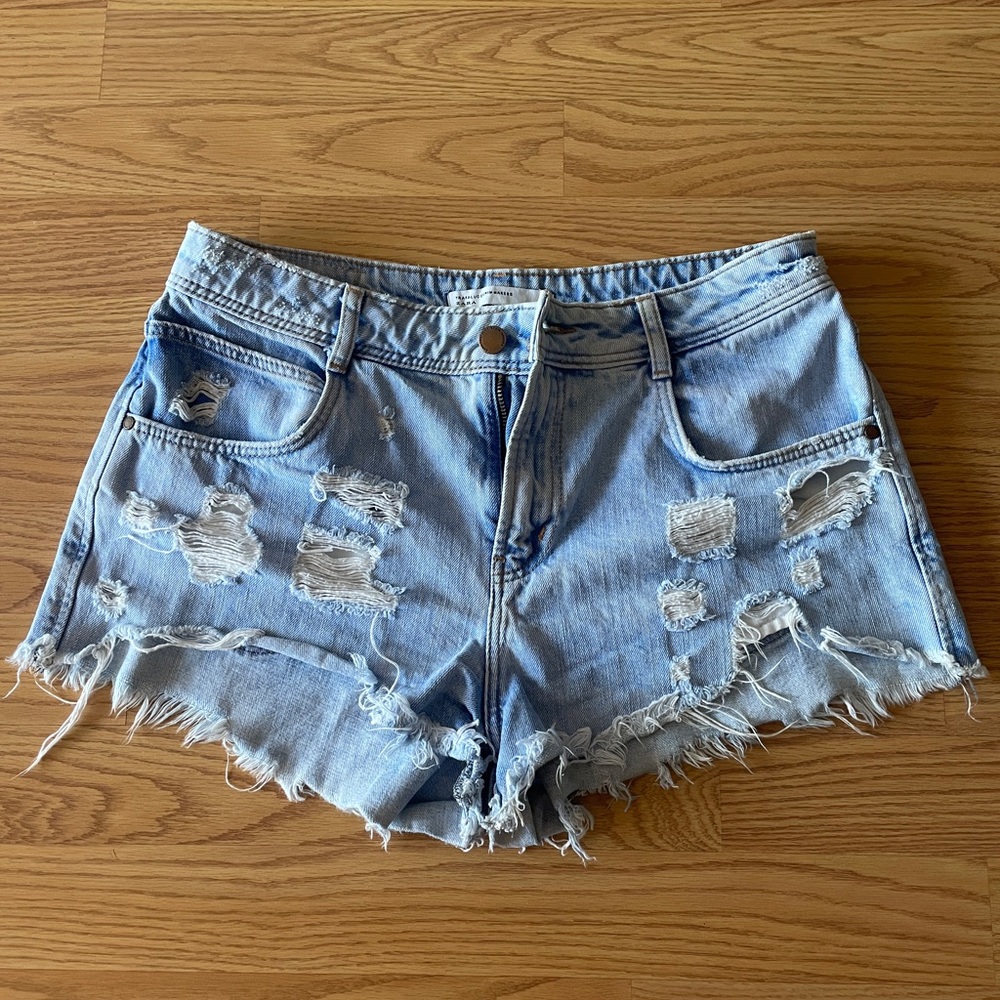Zara Light Blue Distressed Jean Shorts